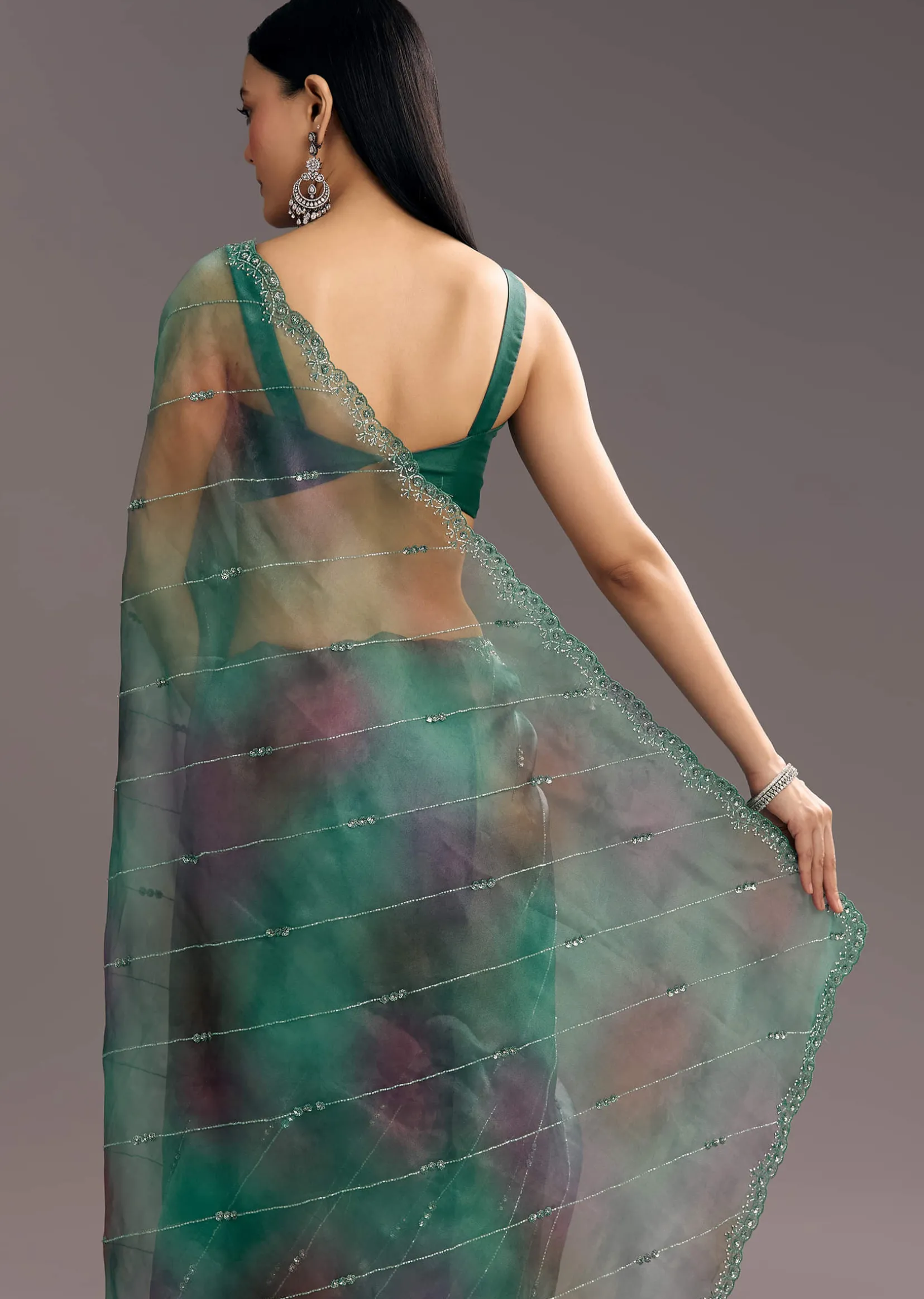 Purple Green Shaded Organza Saree With Cutdana Sequin Embroidery