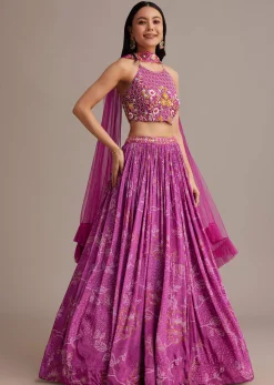Purple Hand Embroidered Choli With Bandhani Print Lehenga And Choker Net Dupatta