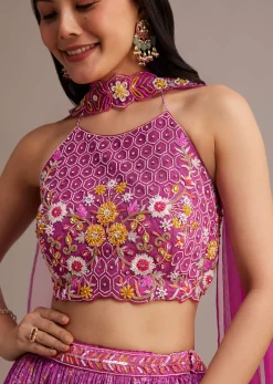 Purple Hand Embroidered Choli With Bandhani Print Lehenga And Choker Net Dupatta