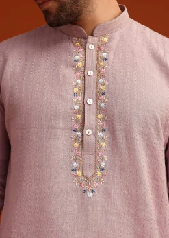 Purple Hand Embroidered Kurta And Pant Set In Linen