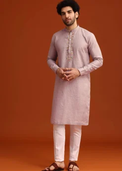 Purple Hand Embroidered Kurta And Pant Set In Linen