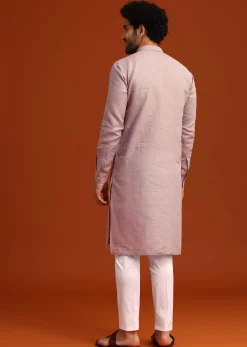 Purple Hand Embroidered Kurta And Pant Set In Linen