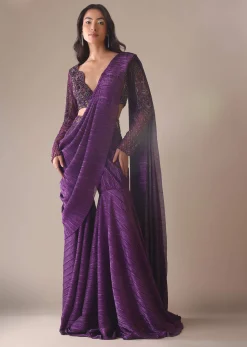 Purple Hand Embroidered Sharara And Blouse Set In Crushed Shimmer