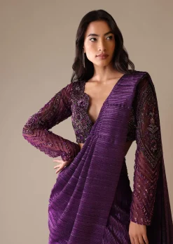 Purple Hand Embroidered Sharara And Blouse Set In Crushed Shimmer