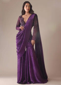 Purple Hand Embroidered Sharara And Blouse Set In Crushed Shimmer