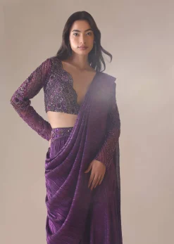 Purple Hand Embroidered Sharara And Blouse Set In Crushed Shimmer