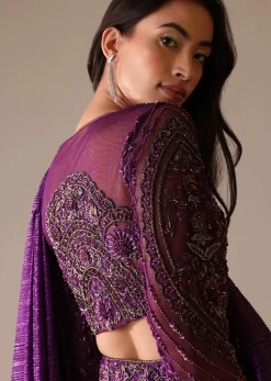 Purple Hand Embroidered Sharara And Blouse Set In Crushed Shimmer