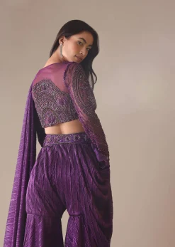 Purple Hand Embroidered Sharara And Blouse Set In Crushed Shimmer
