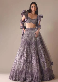 Purple Heavy Geometric Bridal Lehenga With Fancy Sleeves