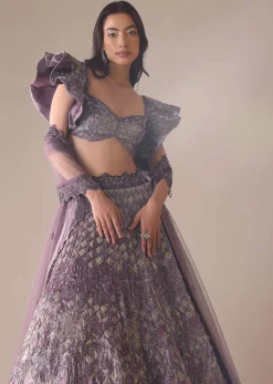 Purple Heavy Geometric Bridal Lehenga With Fancy Sleeves