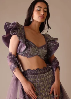 Purple Heavy Geometric Bridal Lehenga With Fancy Sleeves