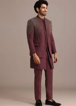Purple Jacquard Indo Western Set With Zardozi Embroidery