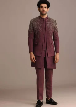 Purple Jacquard Indo Western Set With Zardozi Embroidery