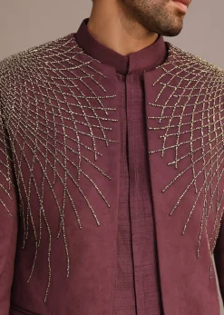 Purple Jacquard Indo Western Set With Zardozi Embroidery