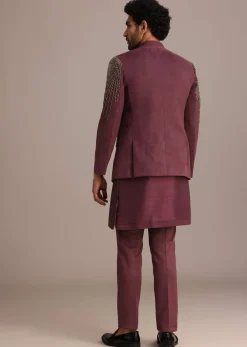 Purple Jacquard Indo Western Set With Zardozi Embroidery