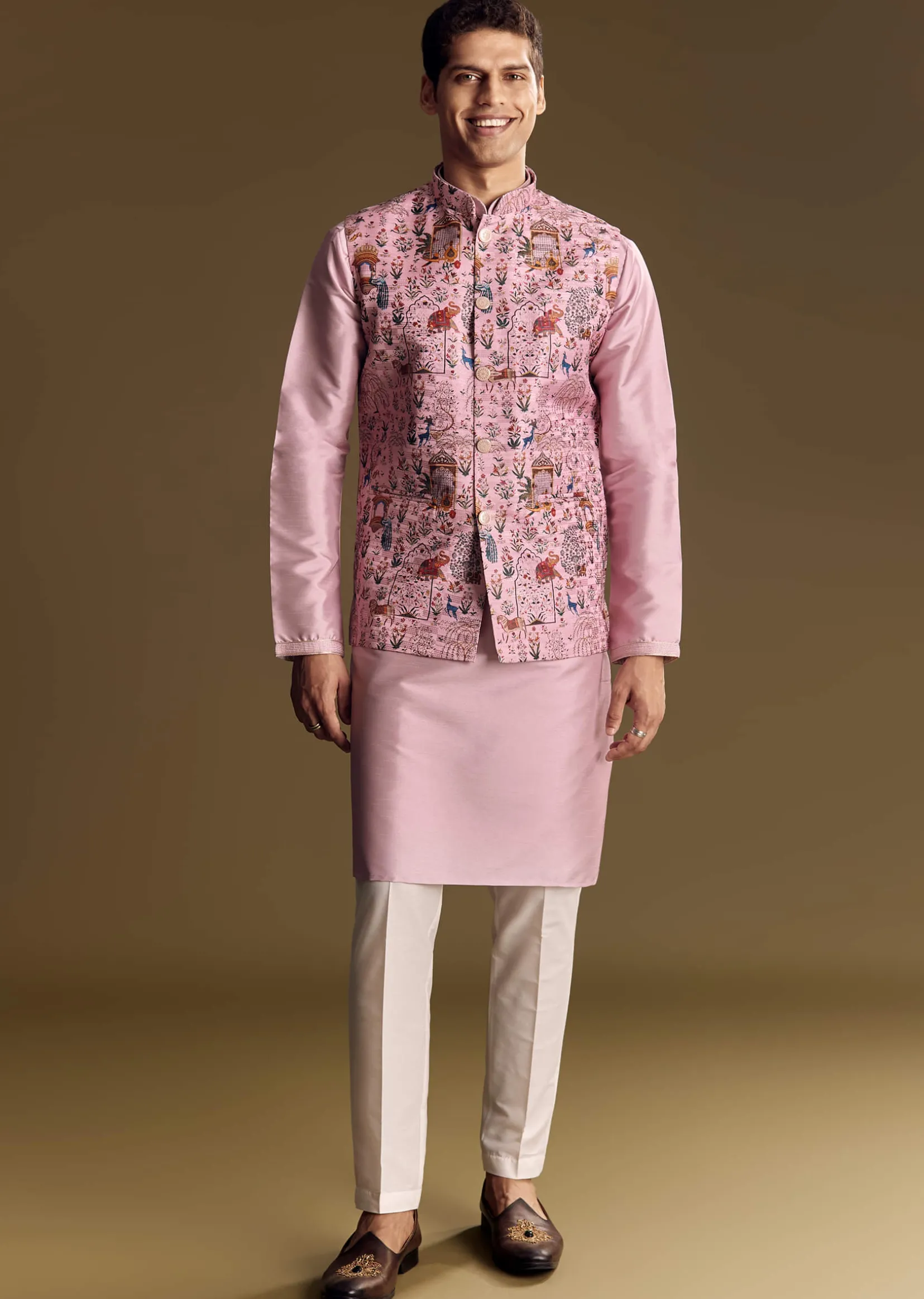 Purple Jacquard Jacket Kurta Set With Subtle Animal Motif
