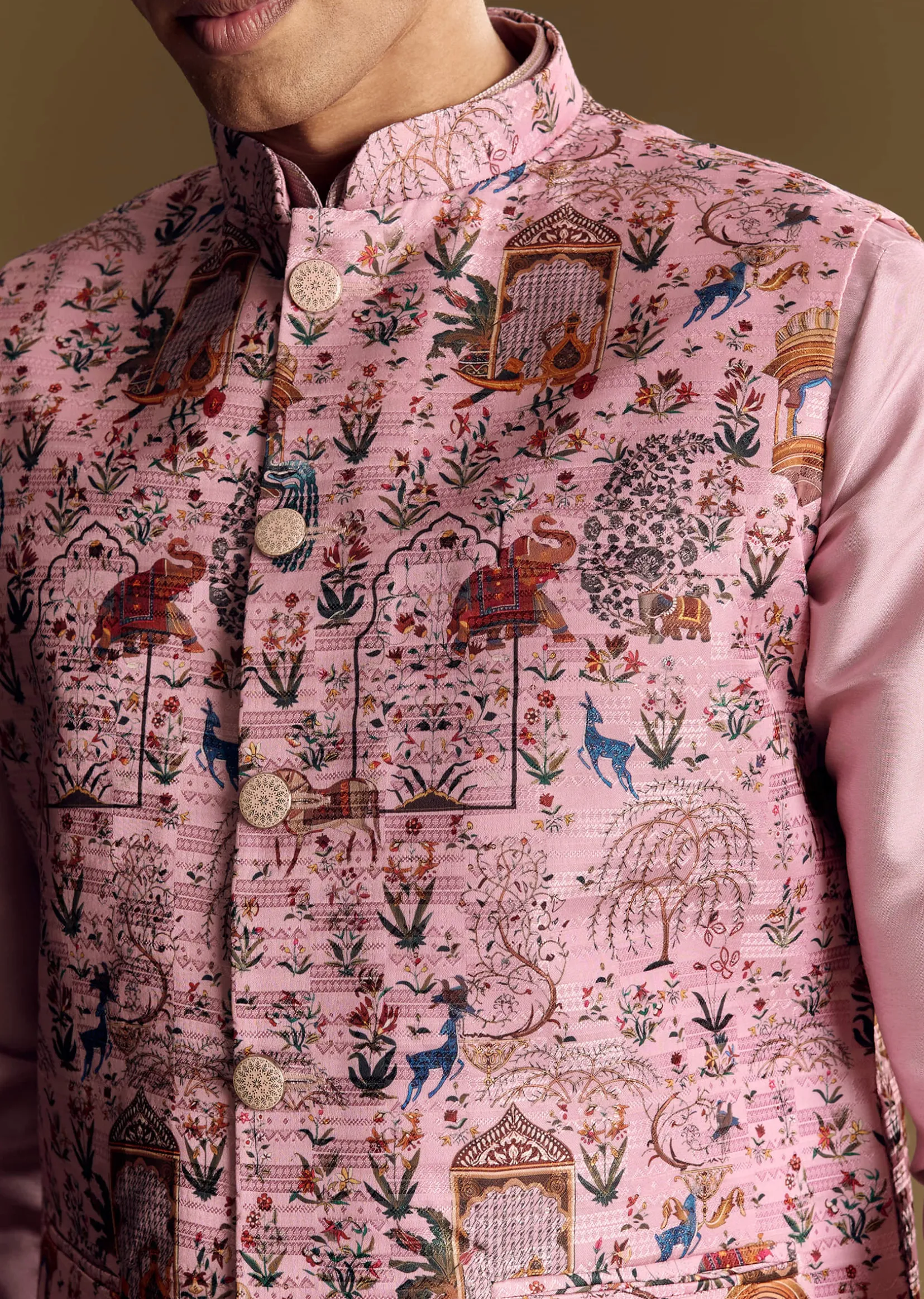 Purple Jacquard Jacket Kurta Set With Subtle Animal Motif