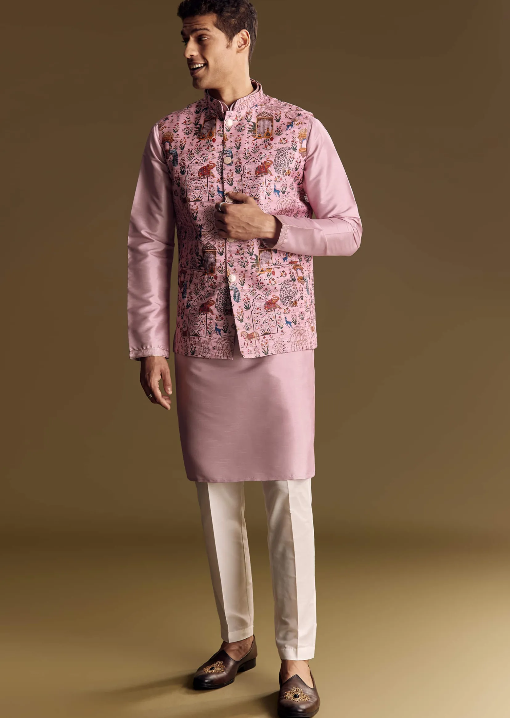 Purple Jacquard Jacket Kurta Set With Subtle Animal Motif