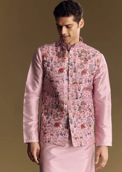 Purple Jacquard Jacket Kurta Set With Subtle Animal Motif
