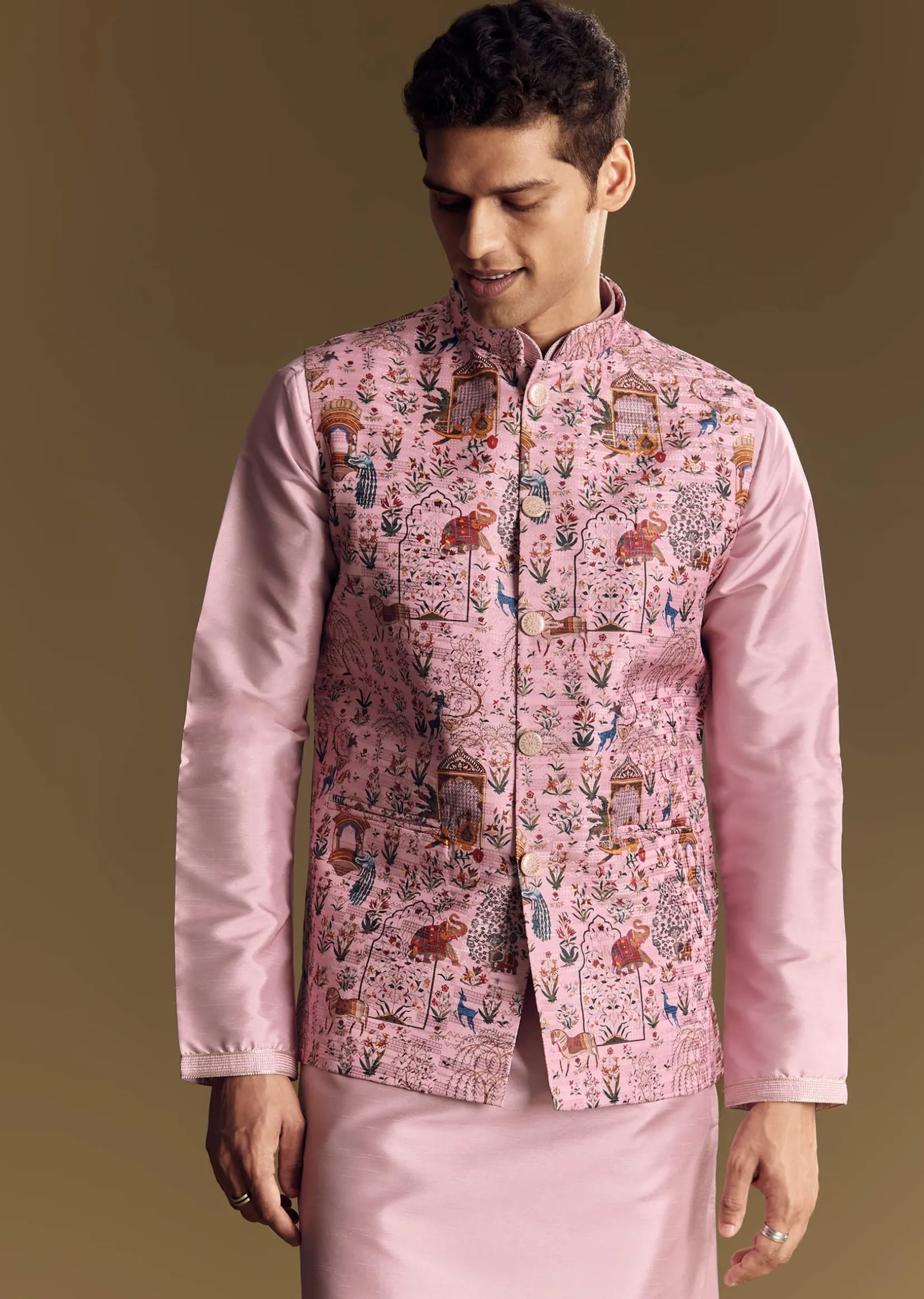 Purple Jacquard Jacket Kurta Set With Subtle Animal Motif