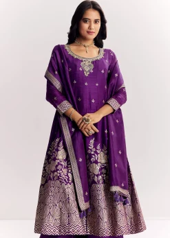 Purple Jacquard Silk Anarkali Dupatta Suit With Traditional Weave
