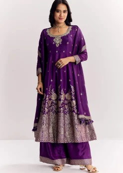 Purple Jacquard Silk Anarkali Dupatta Suit With Traditional Weave