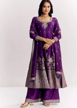 Purple Jacquard Silk Anarkali Dupatta Suit With Traditional Weave