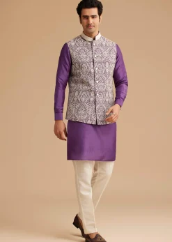 Purple Kurta Jacket Set With Resham Embroidery And Handworked Collar