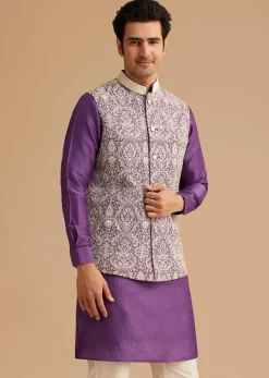 Purple Kurta Jacket Set With Resham Embroidery And Handworked Collar