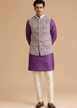 Purple Kurta Jacket Set With Resham Embroidery And Handworked Collar