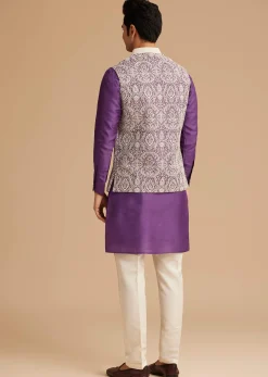 Purple Kurta Jacket Set With Resham Embroidery And Handworked Collar
