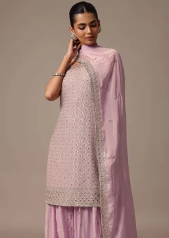 Purple Kurta Palazzo Set With Dupatta In Zari Work