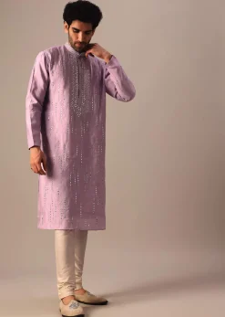 Purple Kurta With Churidar In Art Silk With Mirror Embellishments
