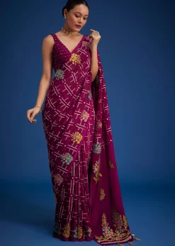 Purple Leaf woven Saree With Linear Pattern Accents