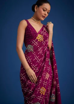 Purple Leaf woven Saree With Linear Pattern Accents