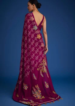 Purple Leaf woven Saree With Linear Pattern Accents