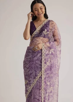 Purple Leafy Printed Organza Saree With Embroidered Scallop Border