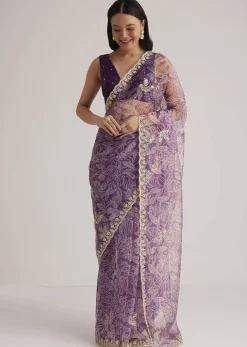 Purple Leafy Printed Organza Saree With Embroidered Scallop Border