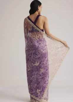 Purple Leafy Printed Organza Saree With Embroidered Scallop Border