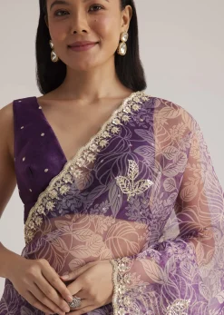 Purple Leafy Printed Organza Saree With Embroidered Scallop Border