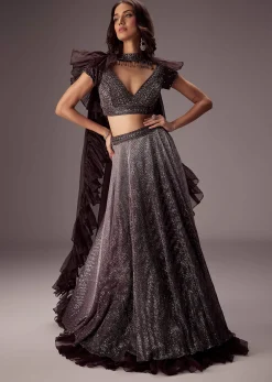 Purple Lehenga Set With Choker Style Dupatta And Flared Organza Skirt