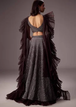 Purple Lehenga Set With Choker Style Dupatta And Flared Organza Skirt
