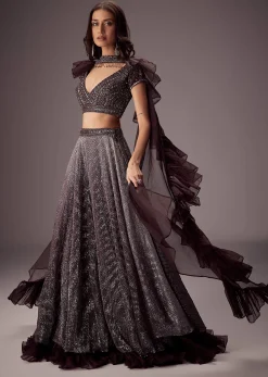 Purple Lehenga Set With Choker Style Dupatta And Flared Organza Skirt