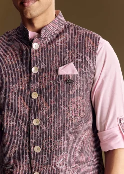 Purple Linen Jacket and Shirt Featuring Floral Kantha Detailing