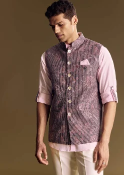 Purple Linen Jacket and Shirt Featuring Floral Kantha Detailing