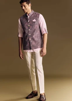 Purple Linen Jacket and Shirt Featuring Floral Kantha Detailing