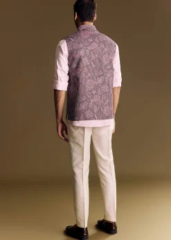 Purple Linen Jacket and Shirt Featuring Floral Kantha Detailing