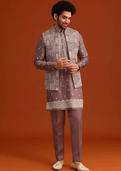 Purple Linen Satin Embroidered Jacket Kurta Set