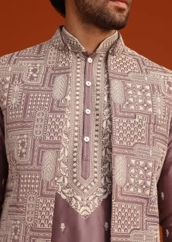 Purple Linen Satin Embroidered Jacket Kurta Set
