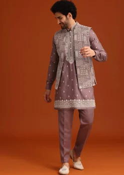 Purple Linen Satin Embroidered Jacket Kurta Set